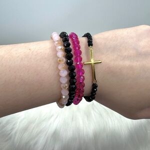 Stainless Steel Cross beaded Arm Candy  Bracelet - Black Pink theme